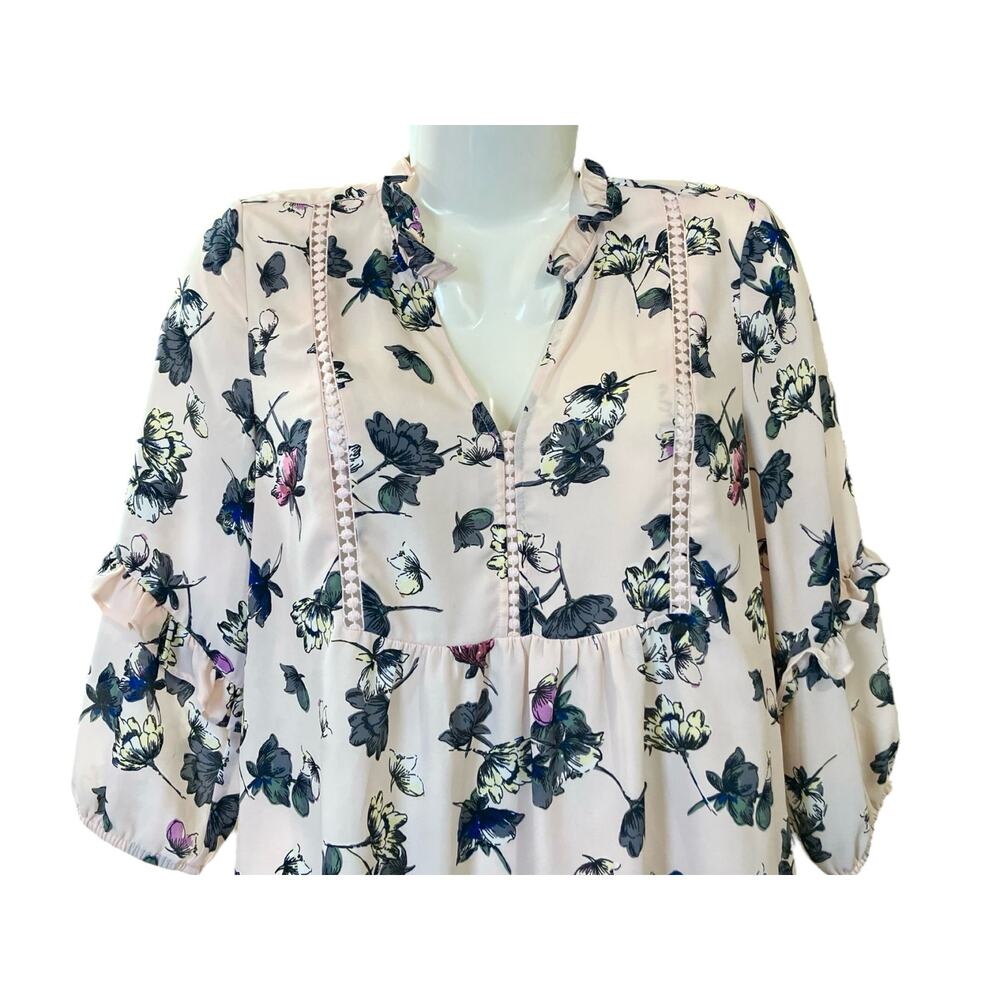 Maurices Womens Lt. Pink Floral Ruffle Neck W/ Crochet Details Blouse | Size S - Picture 3 of 13